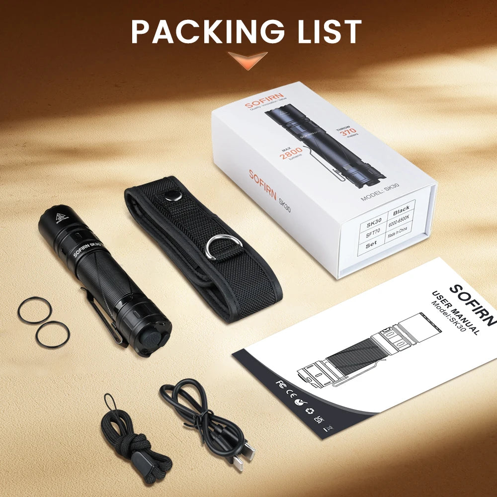 Sofirn SK30 2800LM Tactical Flashlight SFT70 LED Light USB C Rechargeable Torch