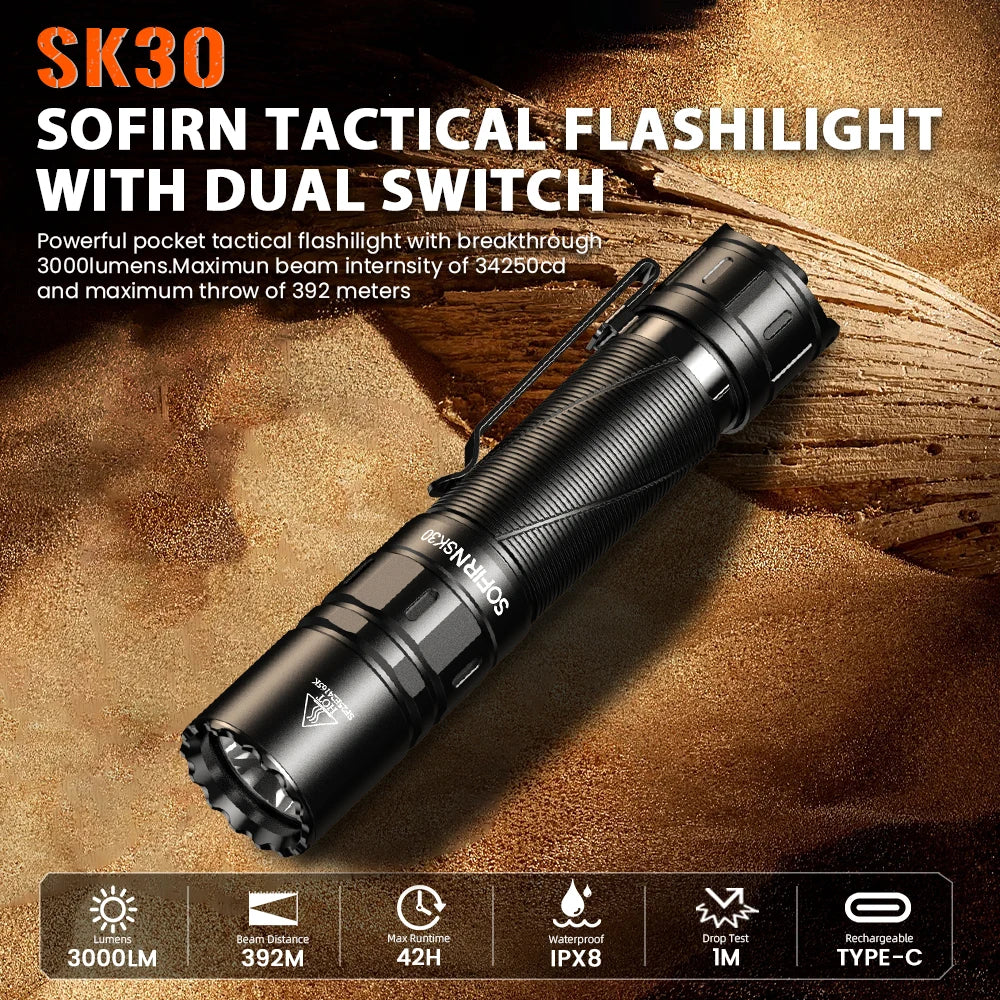Sofirn SK30 2800LM Tactical Flashlight SFT70 LED Light USB C Rechargeable Torch