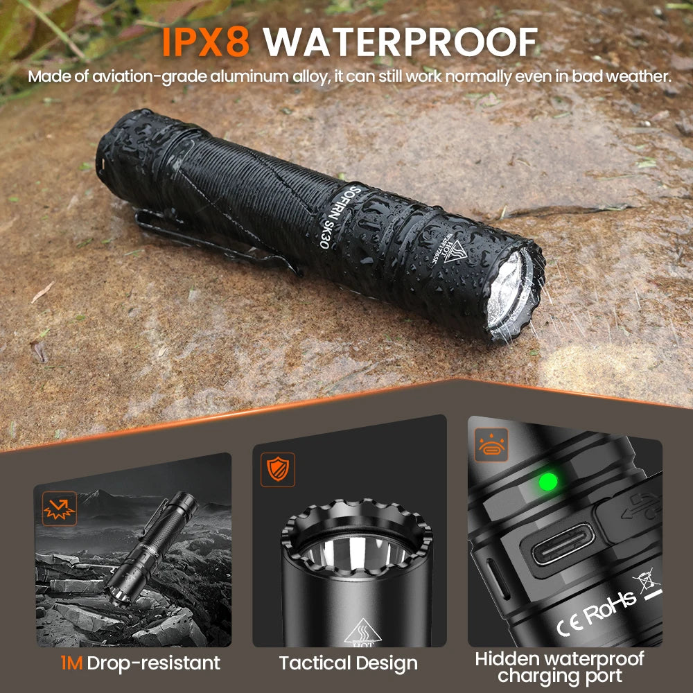 Sofirn SK30 2800LM Tactical Flashlight SFT70 LED Light USB C Rechargeable Torch
