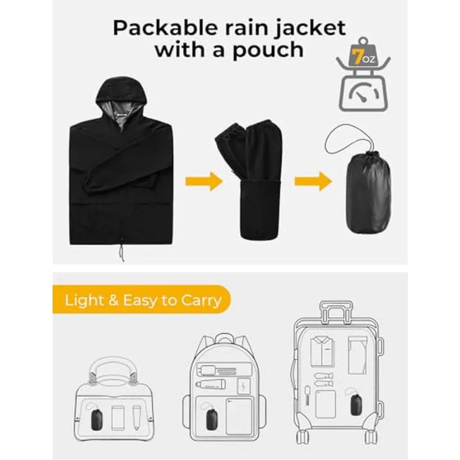 Unisex Packable Rain Jacket Waterproof Hooded For Outdoor Travel